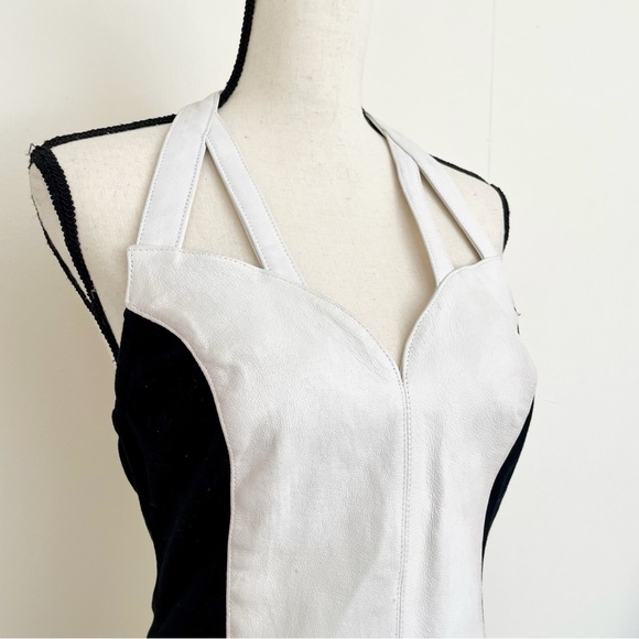 Vintage 90s Leather Paneled Moto Halter Dress - Picture 3 of 5